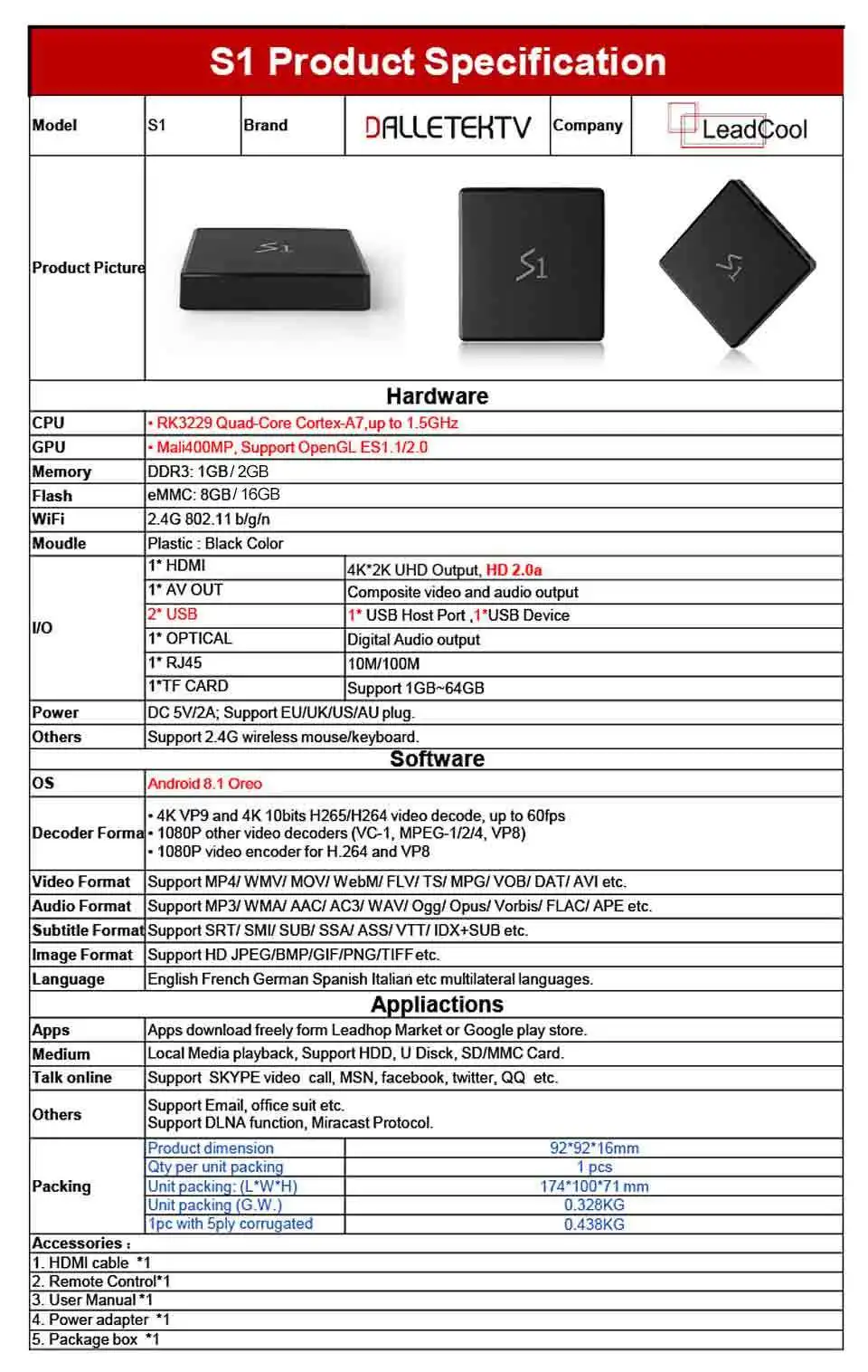 Leadcool S1 Android 8,1 tv Box 1G/8G 2G/16G RK3229 Mali400MP Поддержка 2,4G Wifi HDMI 2,0 медиаплеер для смарт-приставки