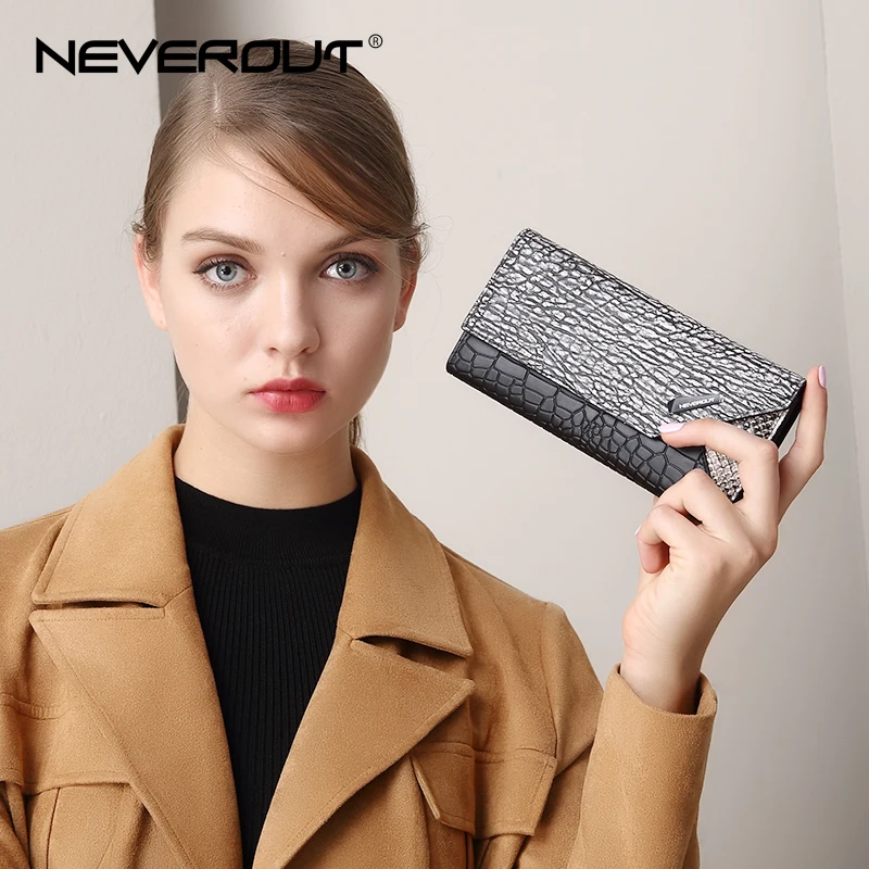 Женский кошелек NEVEROUT черный из сплит кожи с отделением для карт|Кошельки| |