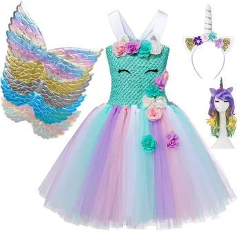 

2-12Y Unicorn Design Tutu Dress for Girls with Hairband and Wings Strap Closure Elastic Bust Kids Summer Party Frock Dance Dress