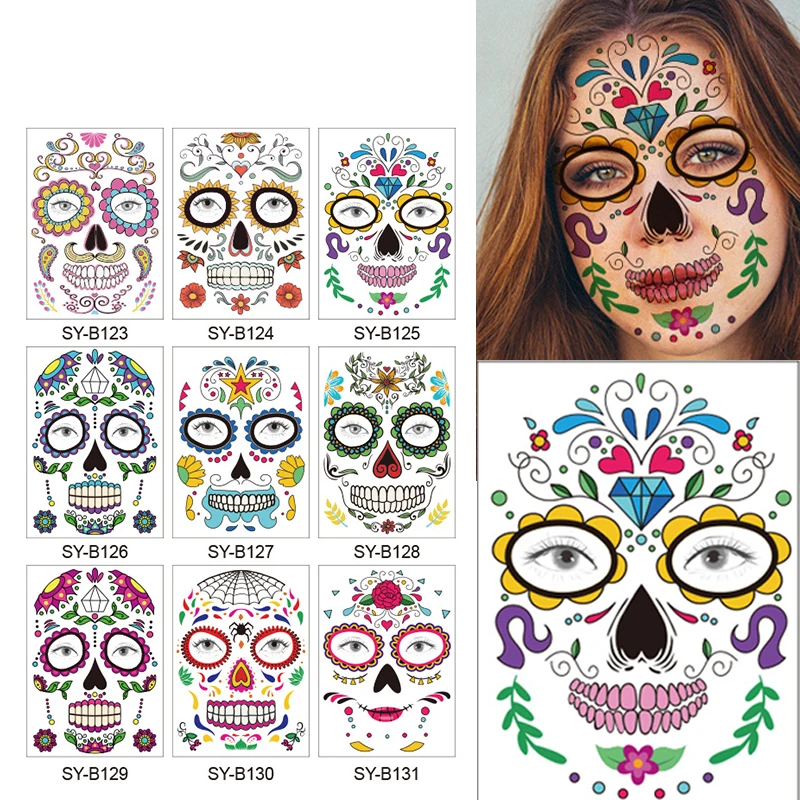 

Halloween Temporary Face Art Waterproof Mask Sugar Skull Tattoo Beauty Sticker Personality Masquerade Sticker Stage Props Art