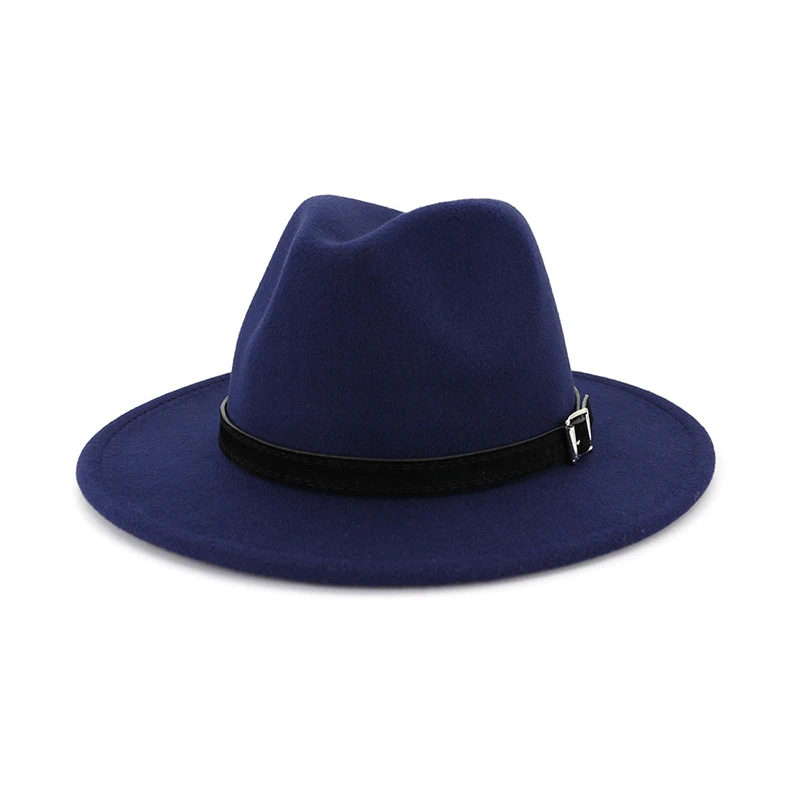 Navy fedora FS белая фетровая шляпа для женщин, фетровая шляпа с пряжкой на ремне, винтажная Шерстяная кепка с широкими полями, новая модная мужская Панама, 17 цветов - Цвет: Navy fedora