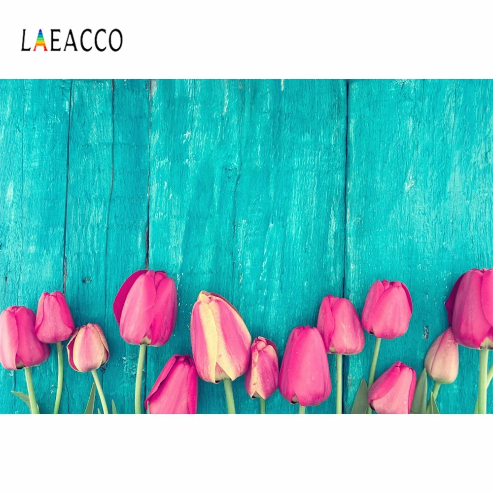 

Laeacco Peacock Blue Wooden Board Tulips Photo Background Wall Decor Portrait Vinyl Photographic Photography Backdrop Studio