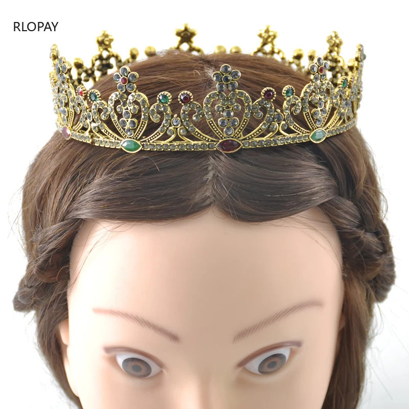 

RLOPAY Universe Pageant Crown High Grade Tiara Round Circles Red Stone Antique Gold Jewelry Headband Wedding Crown