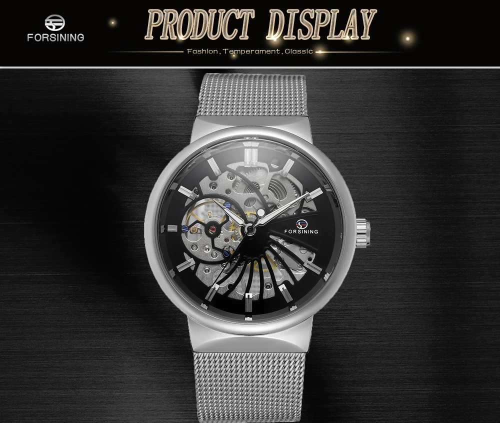 Reloj Hombre Forsining Лидирующий бренд роскошные серебряные часы для мужчин сетчатый ремешок 3D логотип дизайн Скелет циферблат ультра тонкие механические часы