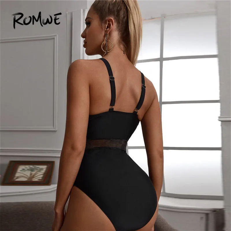 Romwe Sporty Contrast Mesh Underwire One Piece Swimsuit Women Solid Push Up Swimsuit 2020 Ladies Black Monokini Swimwear