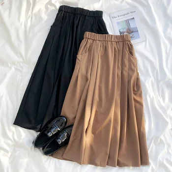 

Temperament Retro Comfort Casual Pocket Elastic High Waist Pleated A-line Skirt