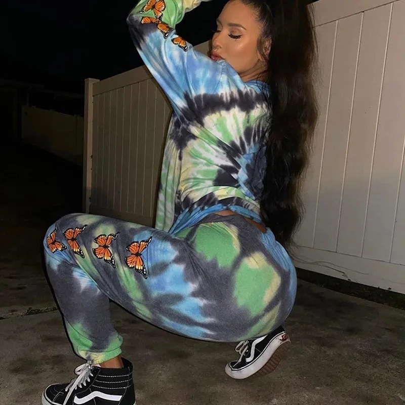 2020 New Fashion Butterfly Printing Tie-dyed Casual Pants Loose Pin-foot Sweat Pant Joggers Women Trouser