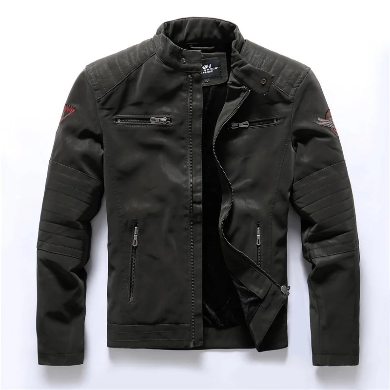 KIOVNO Men Winter Pu Leather Jacket Coats Fleece Lined Motorcycle Embroidery Jackets Outwear For Male Size M-3XL Windbreak  (11)