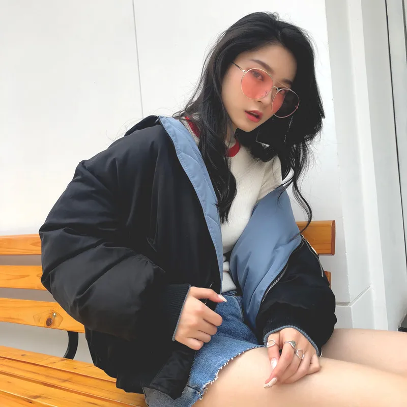 

High Quality Women Winter Baseball Blue Jacket Hooded Warm Thicken Female Coat Short Parka Both Two Sides Can Be Wear Parkas New