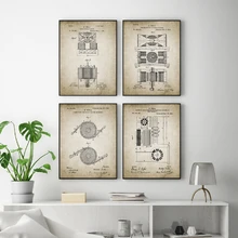 Para Tesla Decor Motor electromagnético Vintage generador patente lienzo impresiones Retro ingeniería Poster pintura ingeniero regalo