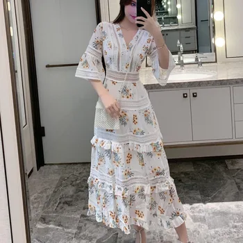 

Summer Women Party Maxi Dress New Runway Designer Floral Printed Lace Patchwork Long Dress Slim Ruffles Boho Holiday Beach Dress