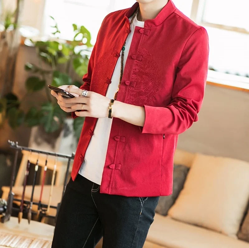 Dragon Bomber Jacket Male Traditional Chinese Coat Jacket Clothing For Men Mandarin Collar Oriental Jackets KK3149