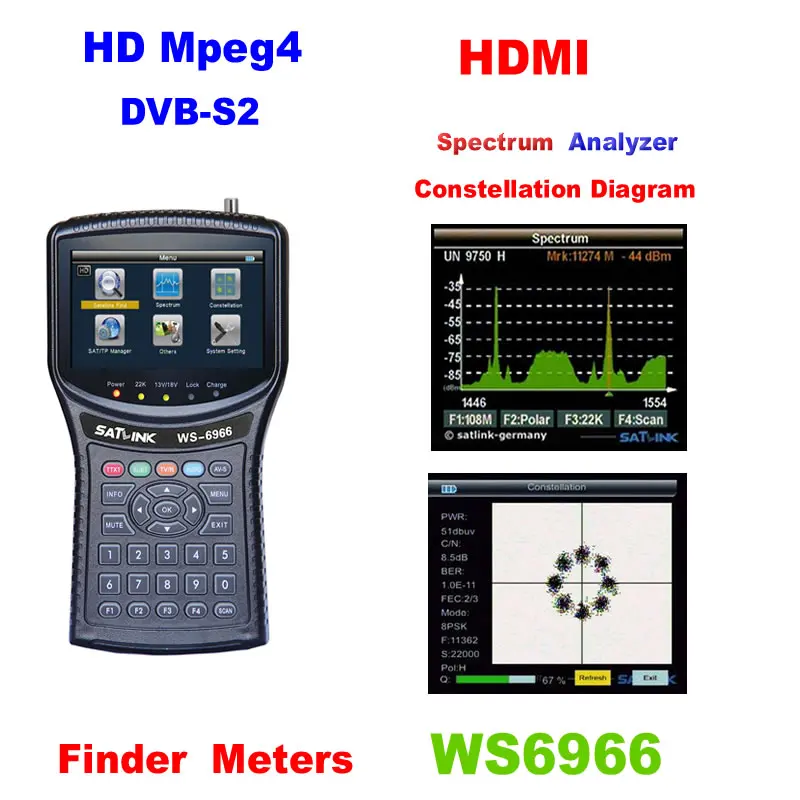 Спутниковый искатель Satlink WS 6966 счетчик напряжения PWR CBER MER MPEG4 DVB S2 Meter WS6966 HD
