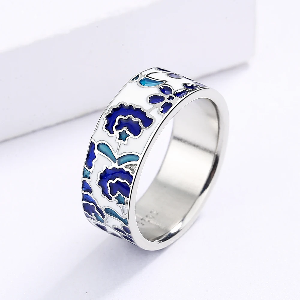 Women's Ring Blue Enamel Flower Ring Handmade Enamel Jewelry Wedding Bridal Fashion