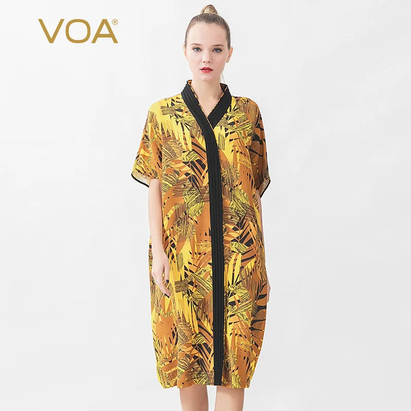 

VOA Real Silk 30 M/M Printed Important Kimono Collar Mix Material Stitching Tucker Fold Selvage Loose Casual Dress A10806