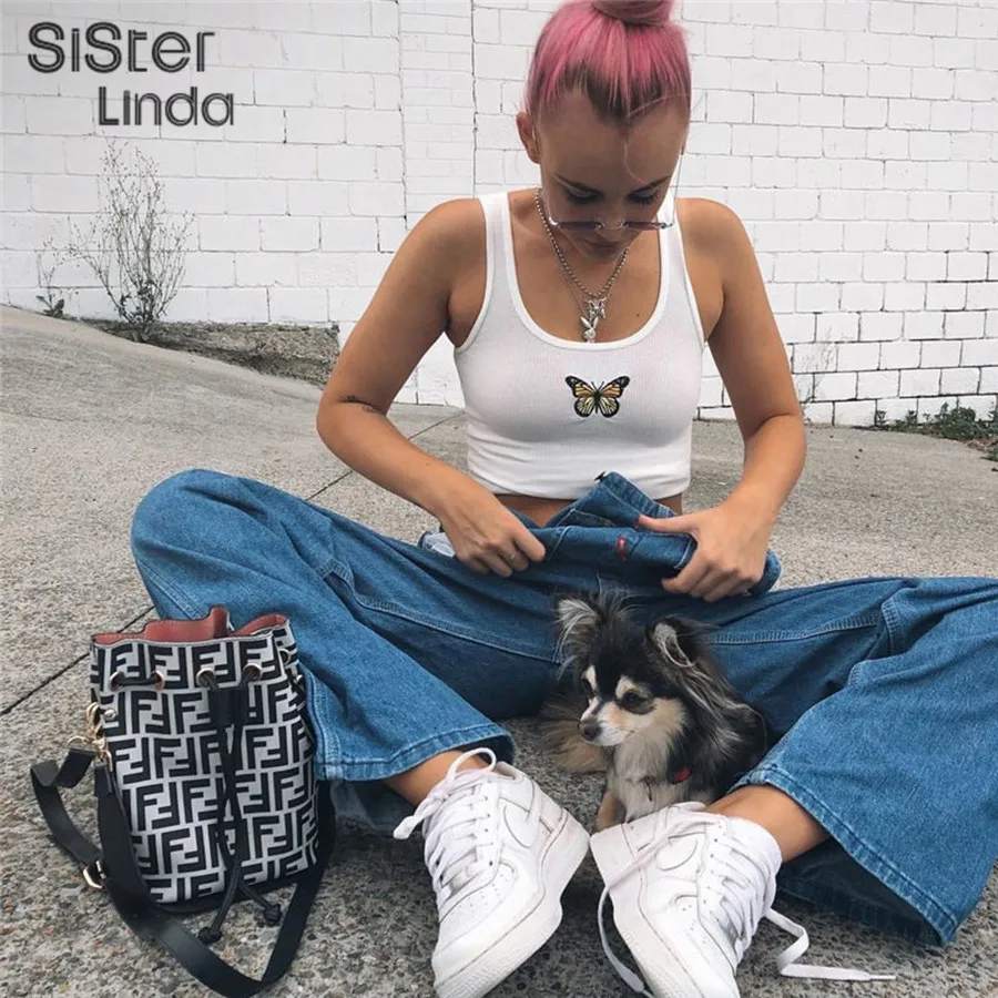 Sisterlinda белый короткий топ без рукавов для женщин бабочка вышивка с открытыми плечами эластичный базовый Повседневный женский уличная одежда