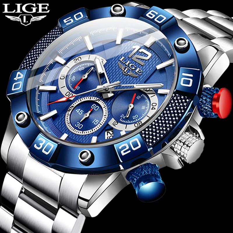 LIGE-reloj analógico de acero inoxidable para hombre, nuevo accesorio de pulsera de cuarzo resistente al agua con cronógrafo, complemento Masculino deportivo de marca de lujo con esfera luminosa