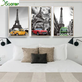 

DIY Diamond Painting Europe city Landscape Full Embroidery old Car green bus 5D Mosaic Black White Paris Building tower ML1086
