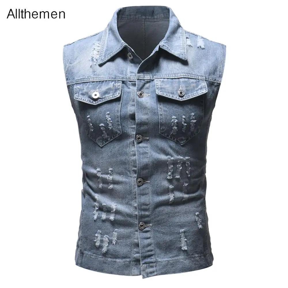 

Allthemen Mens Denim Vests Waistcoat Men Slim Fit Fashion Jeans Sleeveless Jacket Male Vest Tops Ripped Hole Men Clothing
