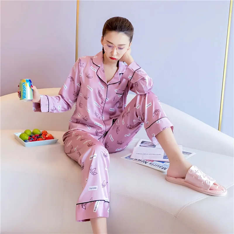 

Explosion Style Spring And Summer New Women's Long-Sleeved Simulation Silk Pajamas Suits Home Service