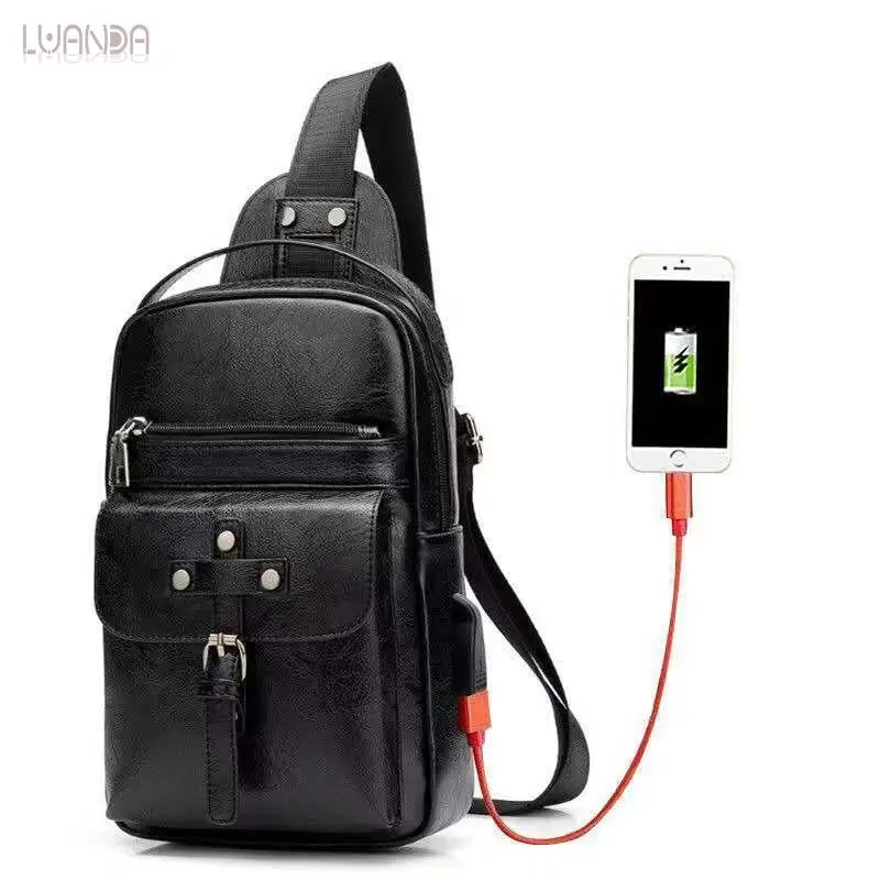 Мужская нагрудная сумка с зарядкой через USB модная плечо из искусственной кожи