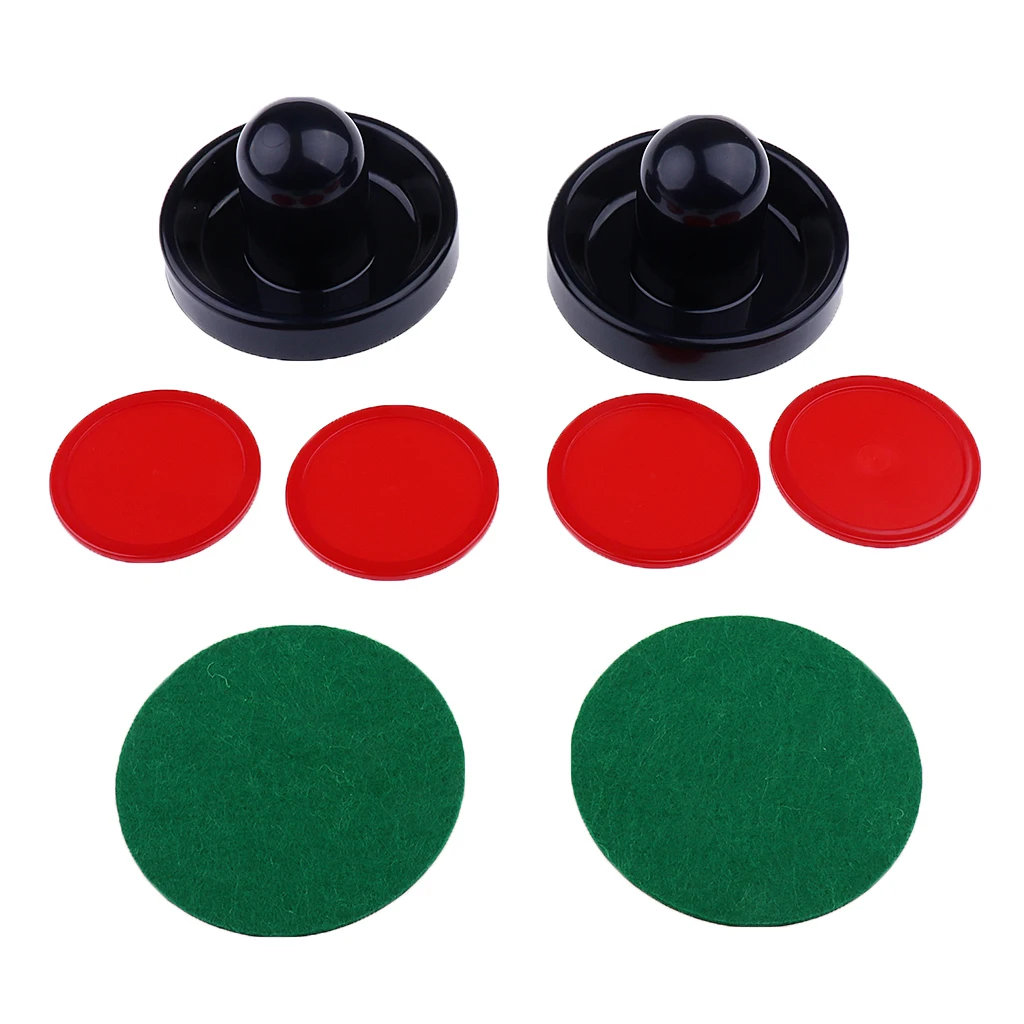 Two Air Hockey Felt Pushers Strikers Goalies Plus Four Pucks Set Three Sizes Red Dark Blue
