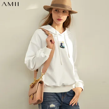 

Amii Minimalist Print Hoodies Autumn Women Casual Solid Loose Hooded Streetwear Female Sweatshirt 11960105