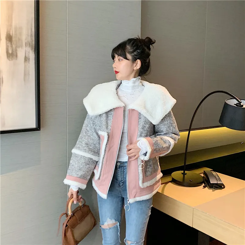 Зимнее женское пальто новая мода плюс бархат толстый Высокое качество корейский большой отворот шерстяной Свободный Тонкий овчины куртка Y014
