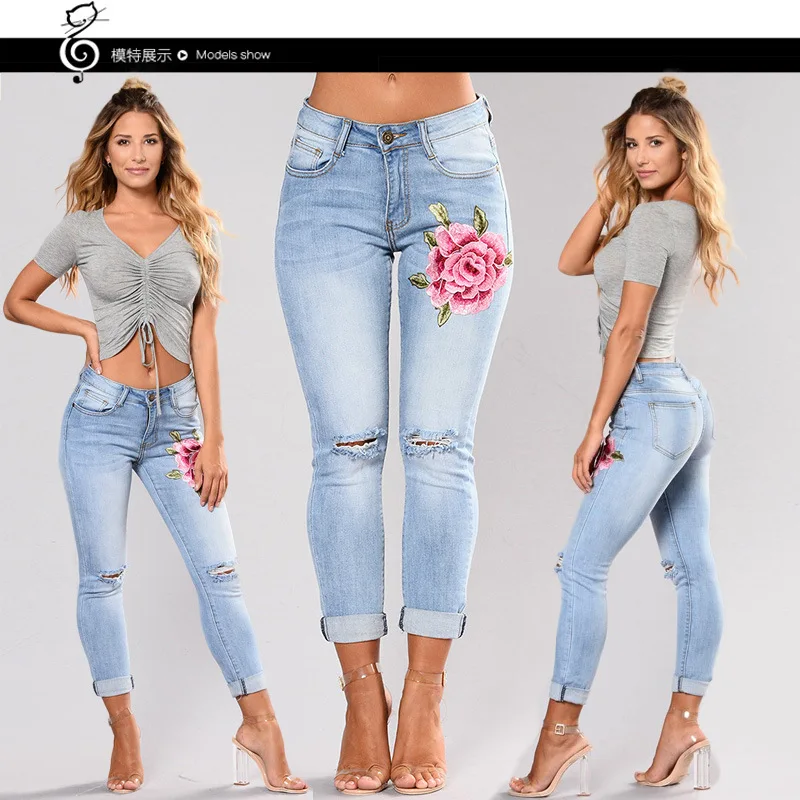 

Jeans Woman Color Embroidered Denim Stretch Hole Women Jeans
