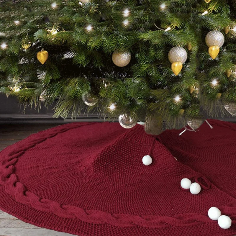 Fashion-Christmas Tree Skirt, 48 Inches Luxury Cable Knit Knitted Thick Rustic Xmas Holiday Decoration, Burgundy