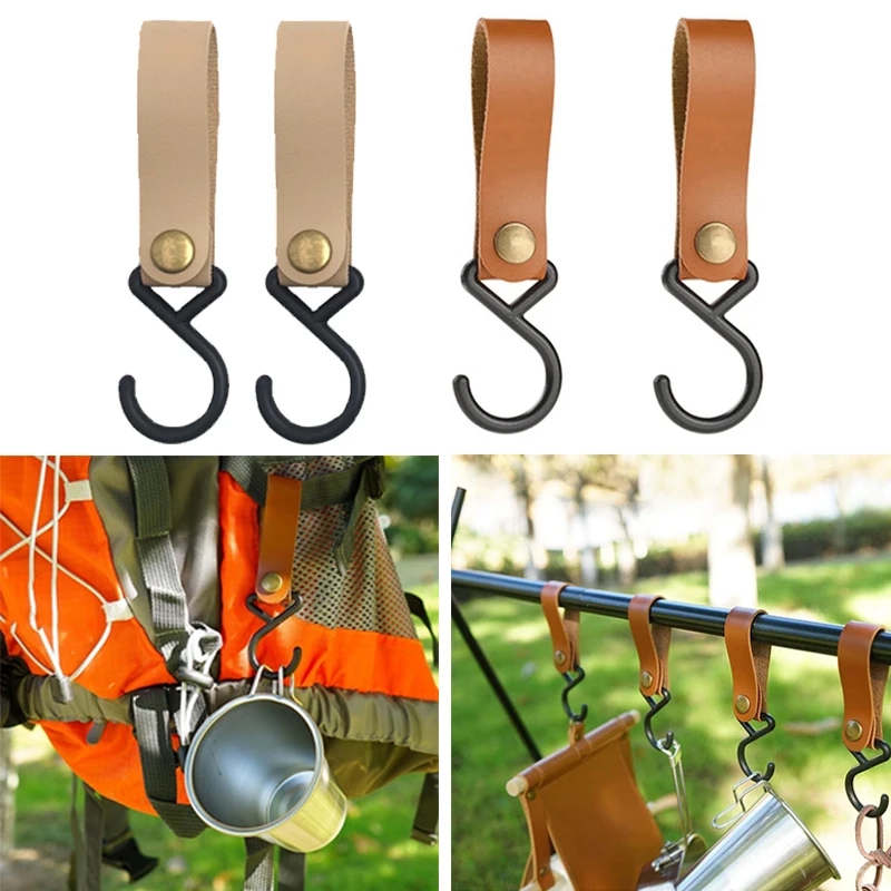 

S-Shaped Leather Hanging Hooks Triangle Storage Rack Shelf Hook Keychain Portable Outdoor Camping Hiking Hanger Camping Supplies