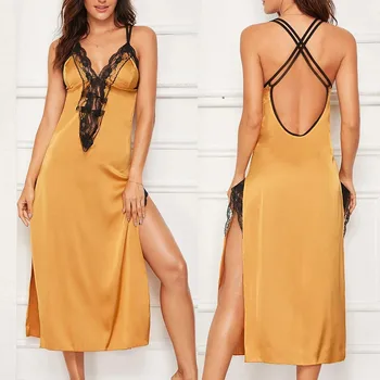 

Nightgown Fashion Women Satin Floral Lace High Split With Thong Backless Silk Sleepwear Sexy Nightwear Night Dress