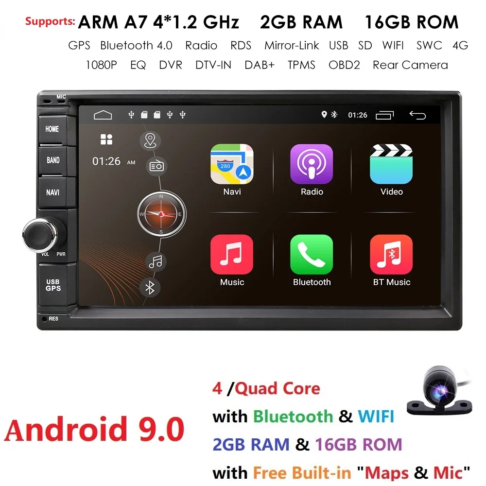 Excellent 7 Inch Android 9.0 Car Radio Stereo GPS Navigation Bluetooth USB SD 2 Din Touch Car Multimedia Player Audio Player Wifi Camera 3