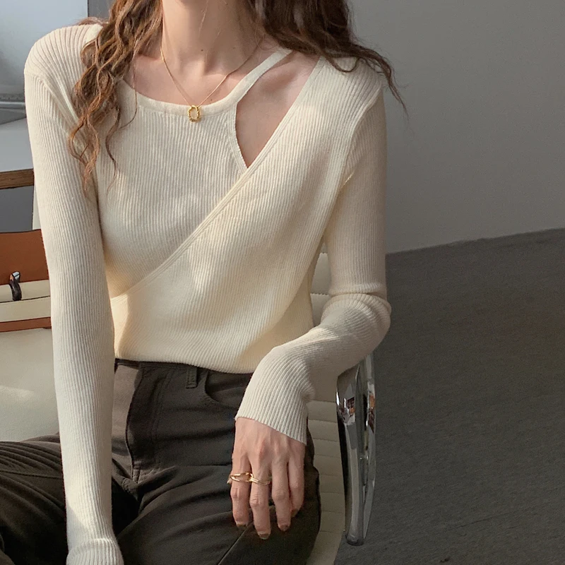 

Vintage Off Shoulder Sweater Women Long Sleeve Pullover Fake Two-Piece Knitted Sweater Autumn Spring Chic Tops Pull Femme
