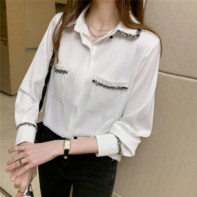 

Women Tops Long Sleeve Shirt Chiffon 2021 New Work Wear Office Blusas Femininas Sequin Harajuku Blouse Shirt