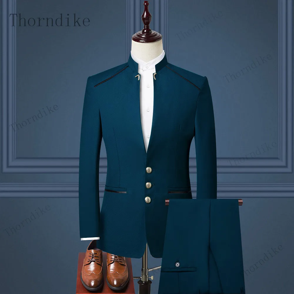 Men Suit Chinese Style Stand Collar Blazer Wedding Groom Set Tuxedo