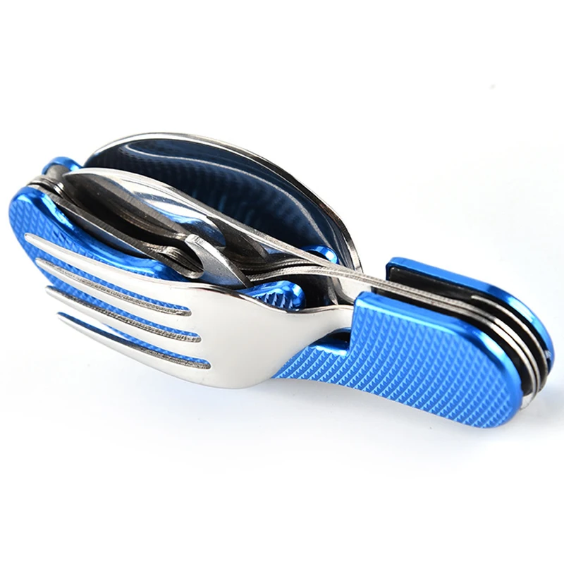 

4-in-1 Outdoor Tableware Set Camping Cookware Stainless Steel Spoon Folding Pocket Tool Bag Home Picnic Hiking Travel Tool