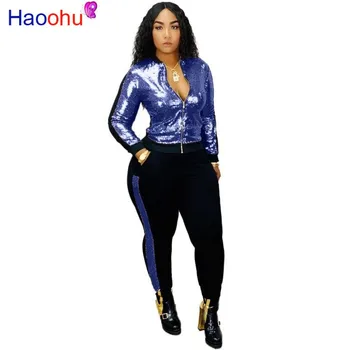

HAOOHU Plus Size Sequin Two Piece Set Women Festival Clothing Sexy Club Outfits Zip Up Jacket and Pant 2 Piece Matching Sets