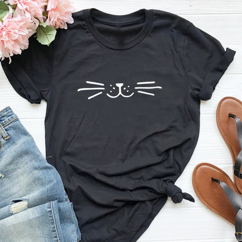 

Lovely Cat Simple Loose Women's T-shirt Harajuku Kawaii Cute Style Tumblr Summer White Tops Short Sleeve O-neck Design Drop Ship