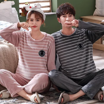 

Cartoon Lovers Pyjamas suit Women And Men warm Sleepwear Pijamas Women Winter Flannel Fleece Warm Pajama Set For Women Nightwear