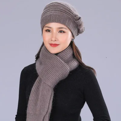 Mother's Nnew Year Gift Rabbit Knit Cap Scarf The Elderly Women's Autumn And Winter Warm Hat Scarf Female Winter Hat Twinset - Цвет: deep khaki Hat scarf