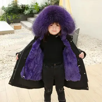 

Children's Real Rex Rabbit Fur Coat Nature raccoon dog Fur Collar Hooded Overcoat Warm Parka Fur Jacket For Clod weather L412