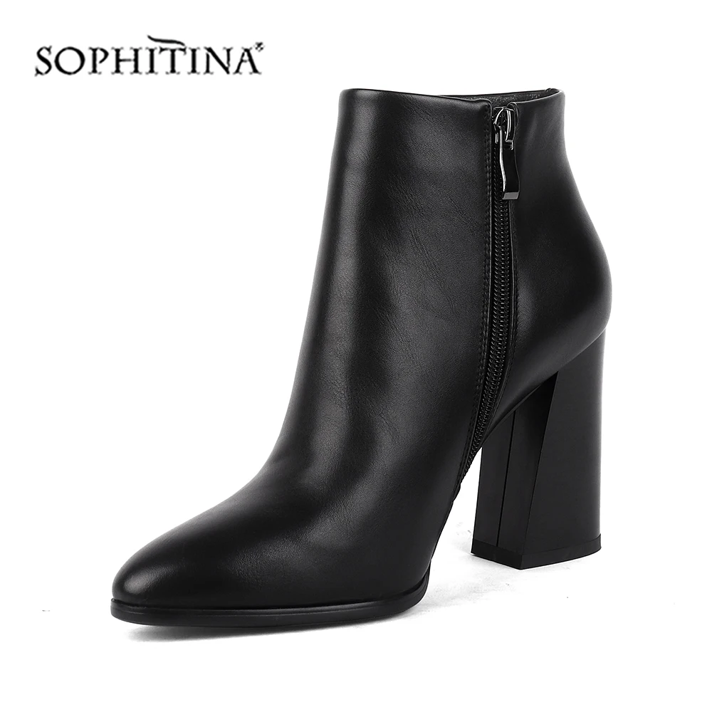 SOPHITINA Sexy Pointed Toe Boots Fashion Zipper Square Heel Solid Handmade Elegant Special Shoes New Women's Ankle Boots BY143