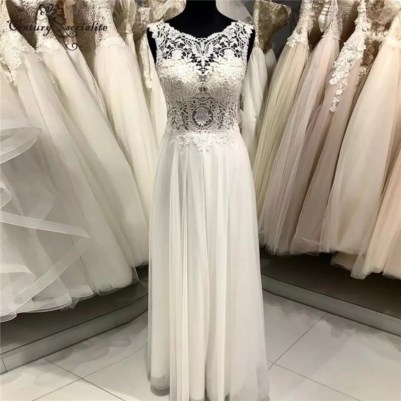 

Lace Beach Wedding Dresses for Women O-Neck Backless Floor Length Tulle Boho Bridal Gowns Plus Size Vestido De Novia Cheap