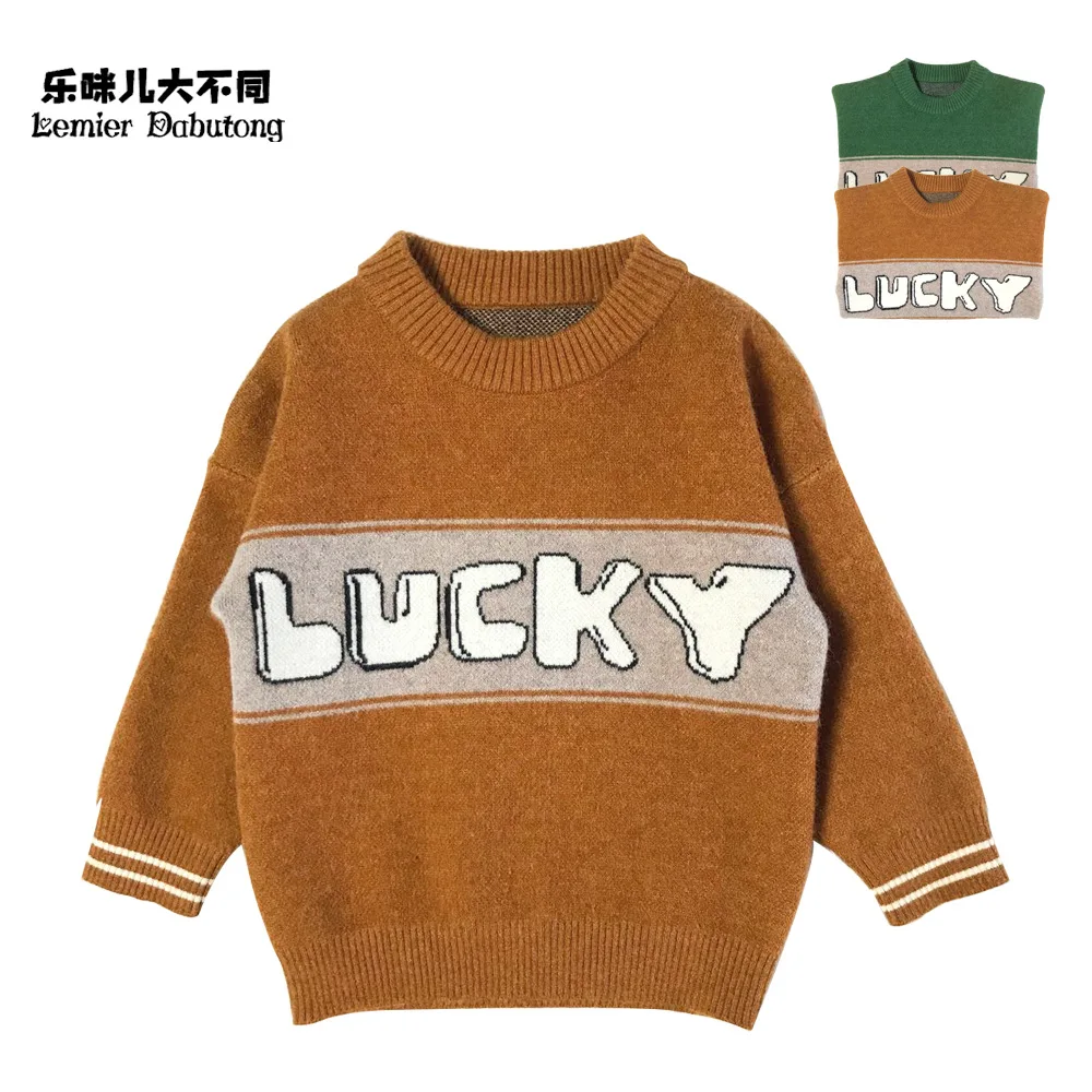 

CHILDREN'S Sweater Fashion Models Lettered Casual Sports Small CHILDREN'S Knitted Sweater Pullover Cartoon Jacquard off the Shou