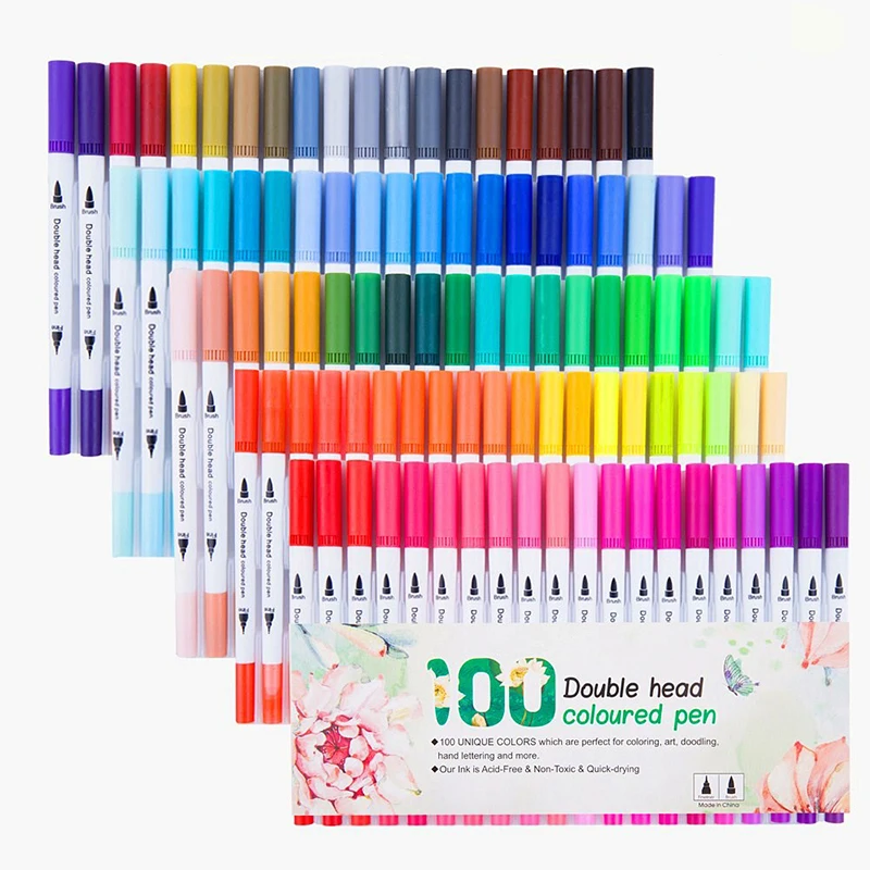 

12/24/36/48/60/80/100 Color Fineliner Water Based Dual Head Sketch Markers Brush Pen for Draw Coloring Books Design Art Supplies