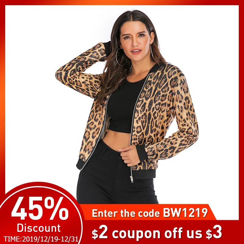 astounding Leopard Gold Stamping Bomber Jacket Women Summer Plus Size Zipper Long Sleeve Coat Female 2019 Shor