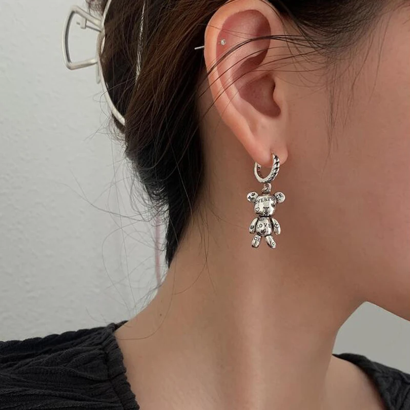 Women Silver Color Hoop Earrings Vintage Accessories Little Bear LOVE Heart Asymmetric Party