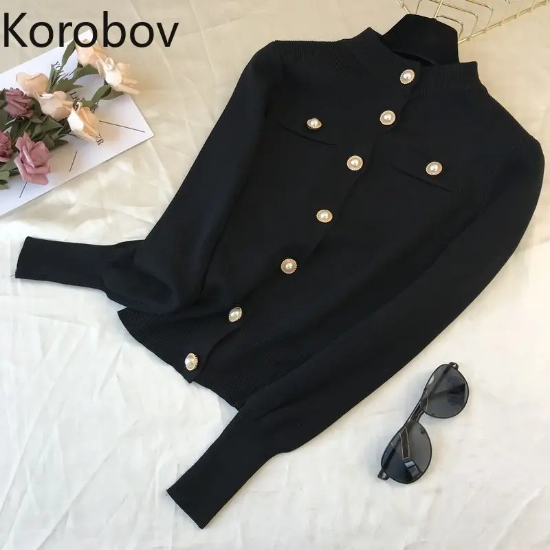 Korobov женская верхняя одежда однобортный Кардиган корейский сплошной Поддельные карманы укороченный свитер осень Sueter Mujer 78899