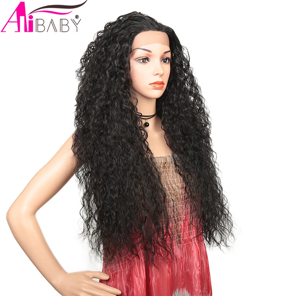 Dianteira do Laço Perucas para Preto Peruca Sintético Polegada Longo Kinky Encaracolado Afro Feminino Uso Diário Natural Preto Sintética Alibaby 28 5 Apliques e perucas